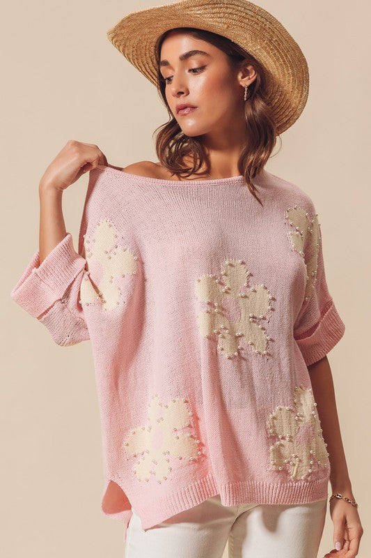 FLOWER PEARL SWEATER TOP