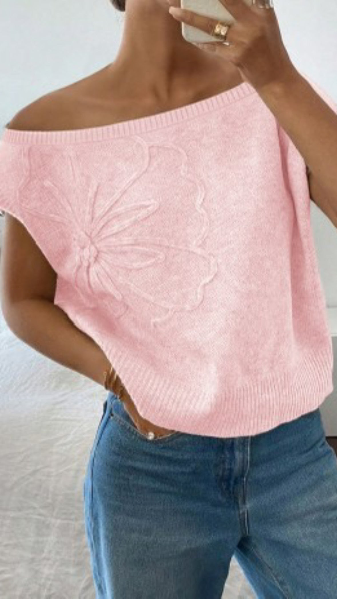 OFF SHOULDER FLORAL SWEATER