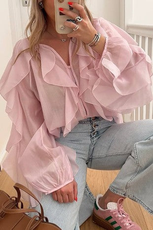 RUFFLE LAYERED CAPE BLOUSE